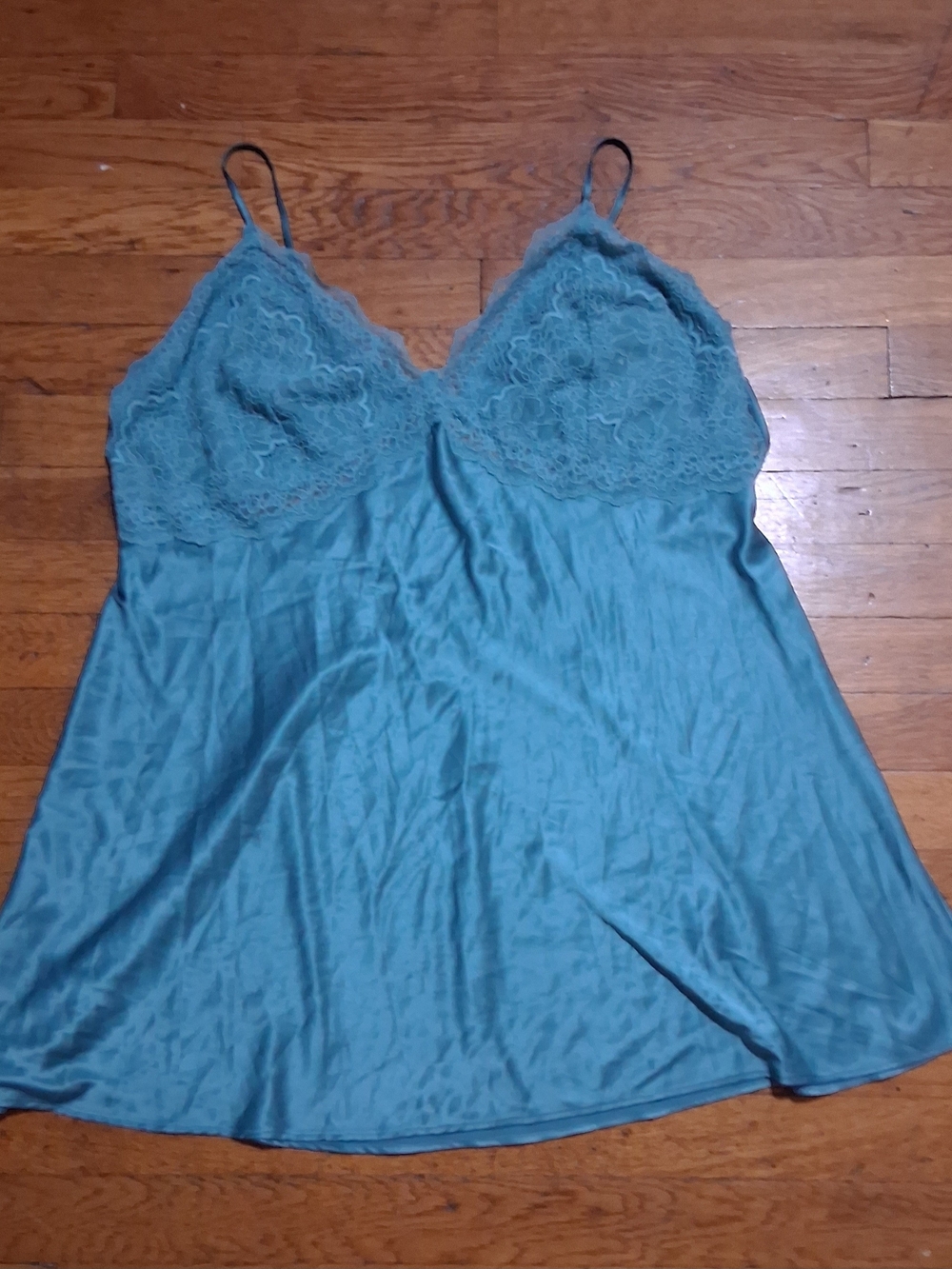 Victoria's Secret Teal Lace-Trim Satin Chemise Slip